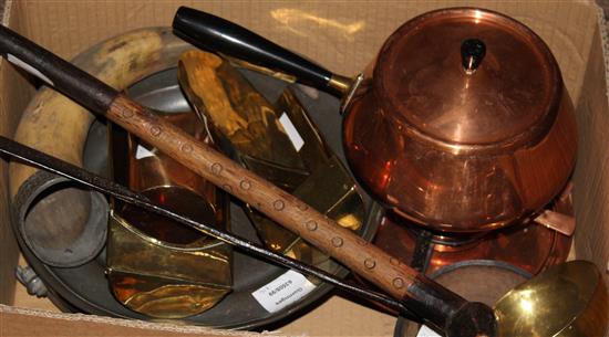 Late 18th / early 19th century pewter plate, 2 pewter warming dishes, 4 brass and copper grain scoops, saucepan, tray & 6 tribal items